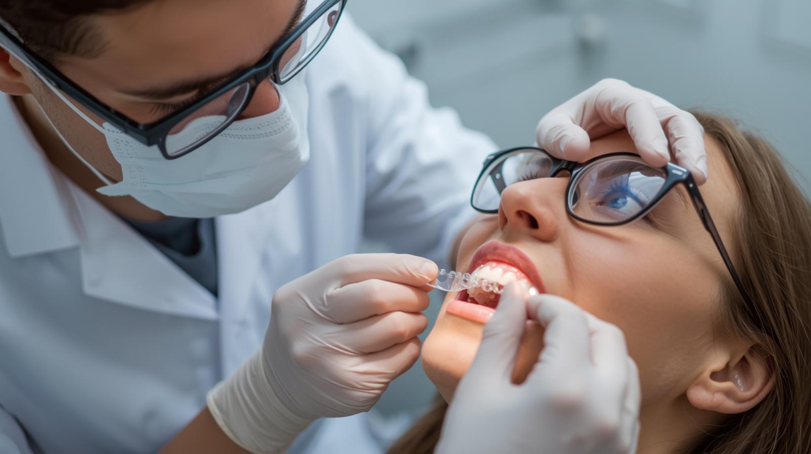 dentist puting patients clear invisalign,, both have spectacles